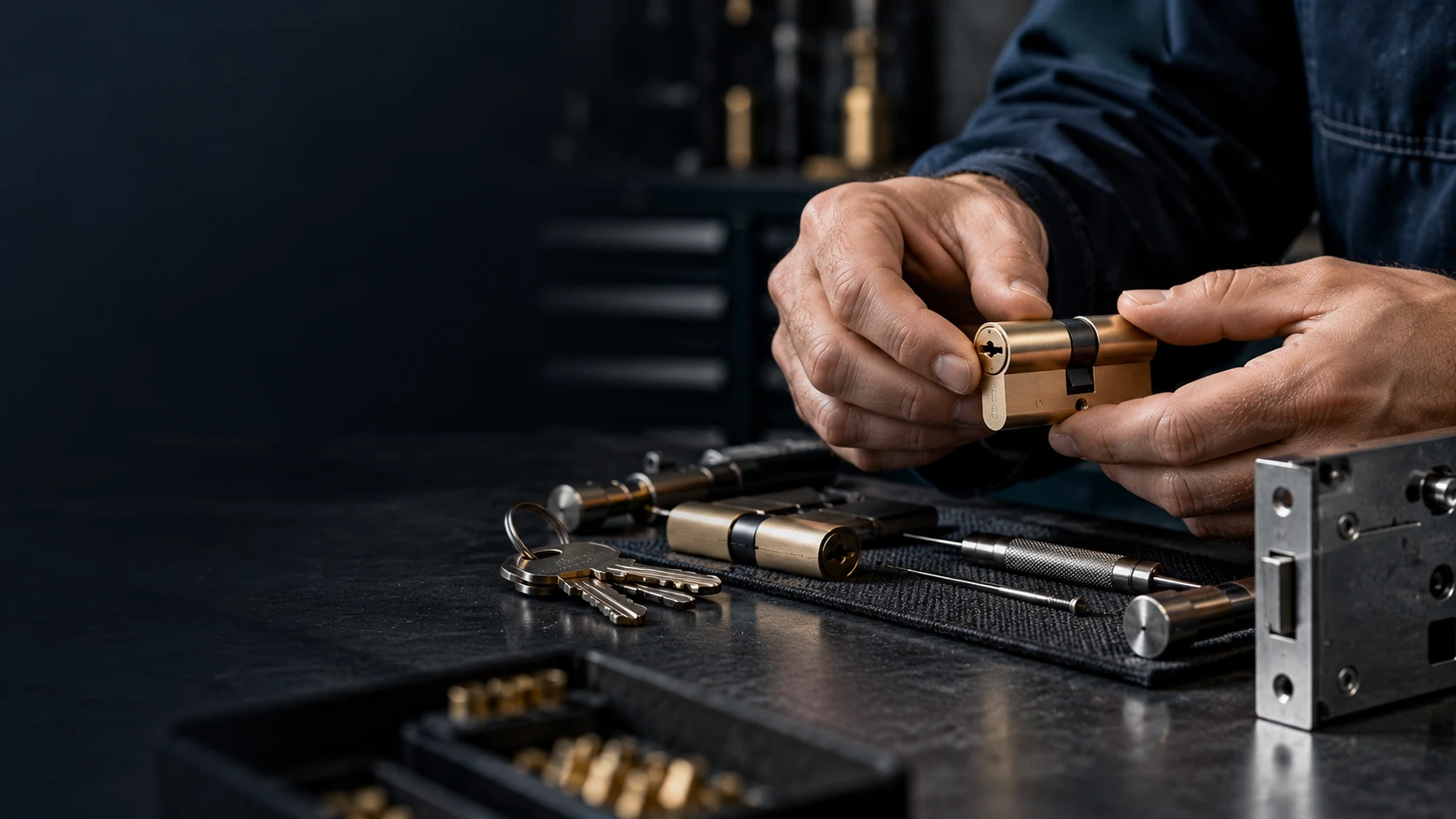 Locksmith examining a brass cylinder lock mechanism at workbench with keys and tools