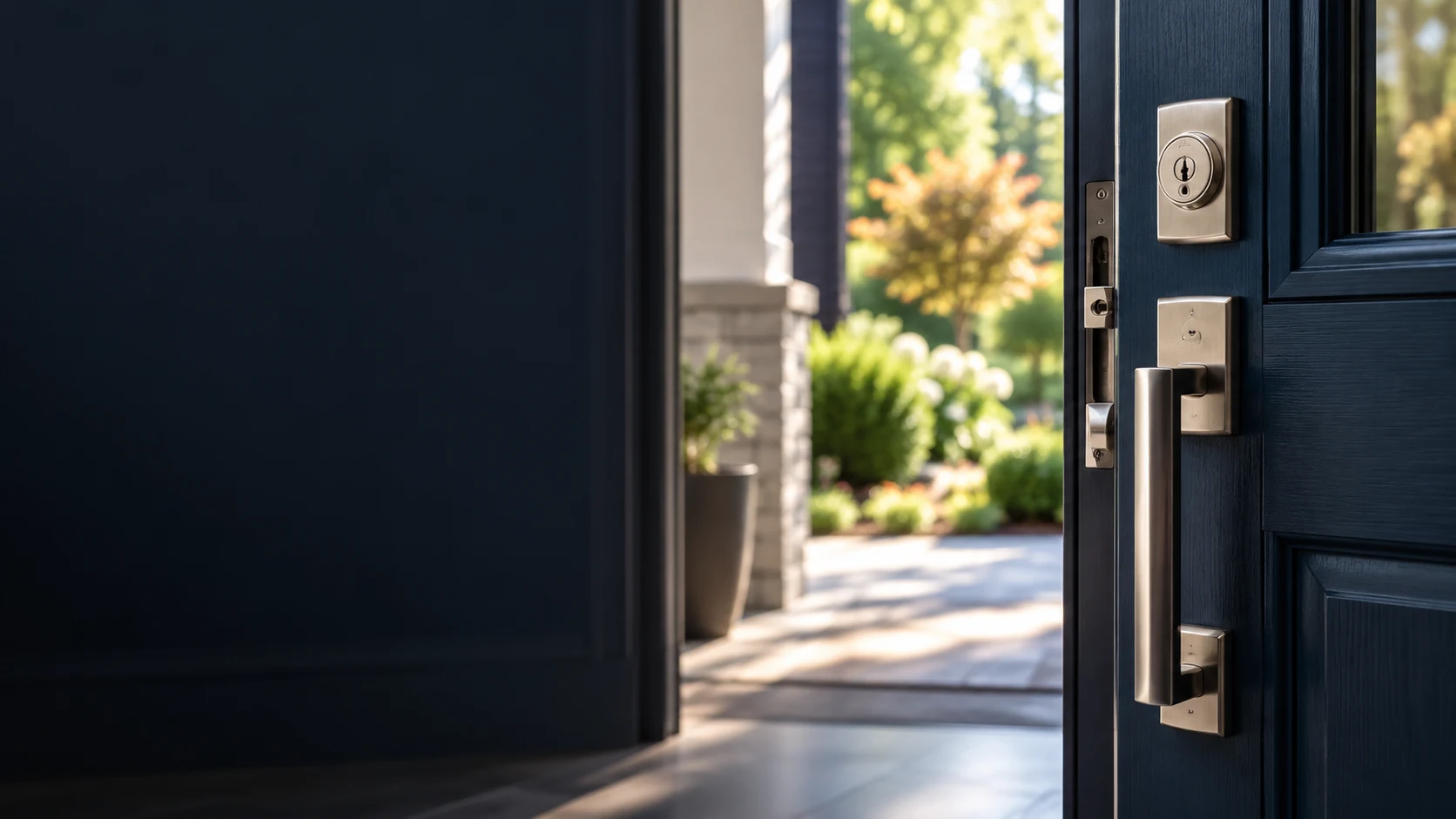 Modern dark door with silver deadbolt and handle opening to sunny garden courtyard