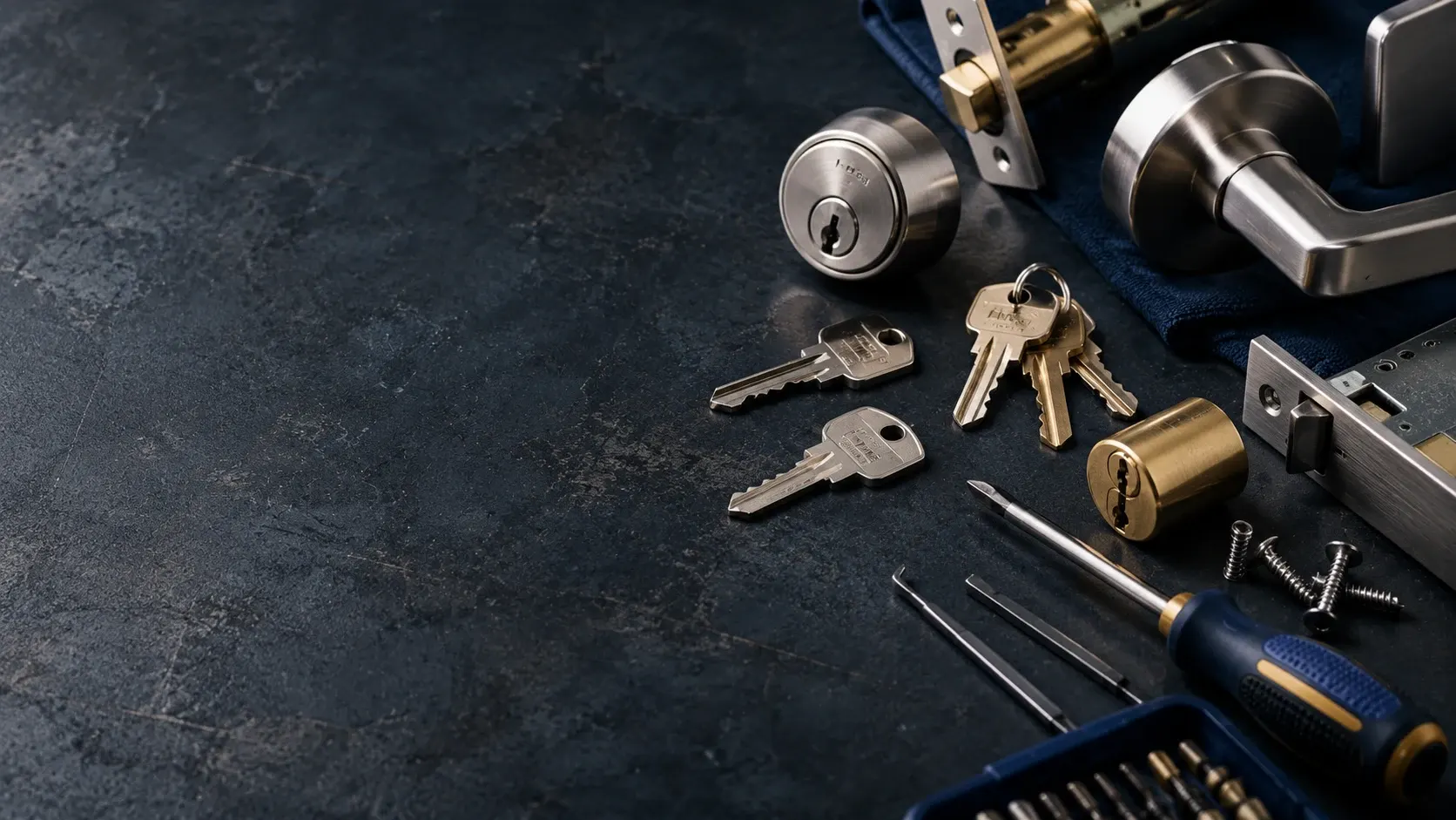 Locksmith tools and hardware including deadbolts, keys, and installation components on dark surface