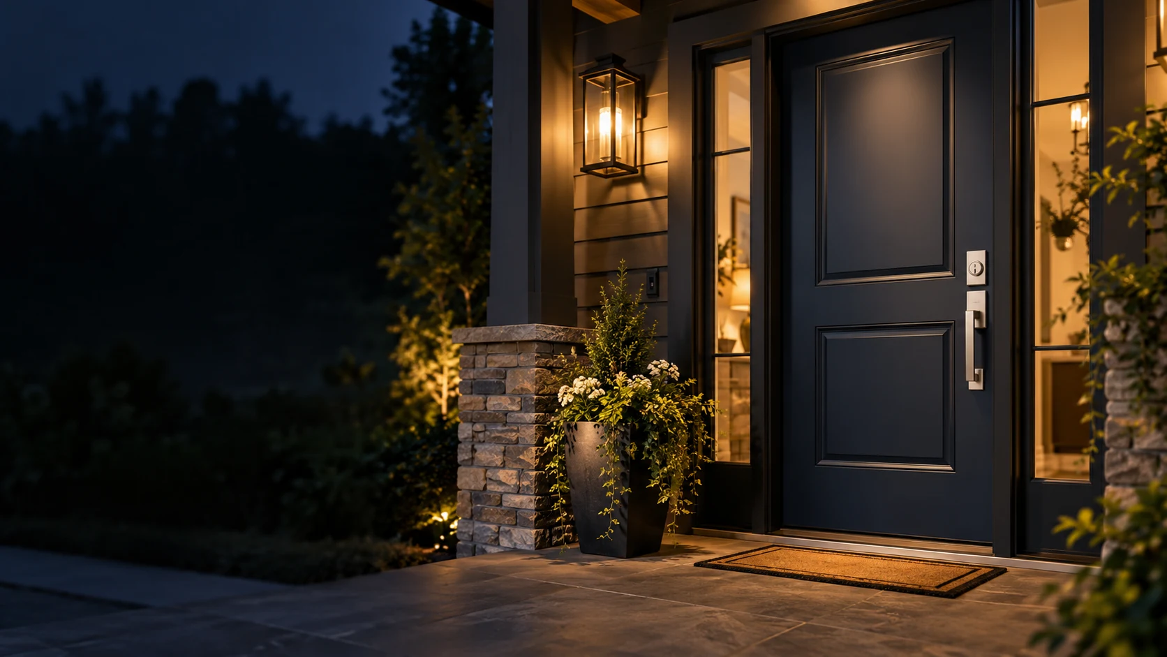 Modern home entrance at dusk with black door, stone pillar, potted plants, and warm lighting