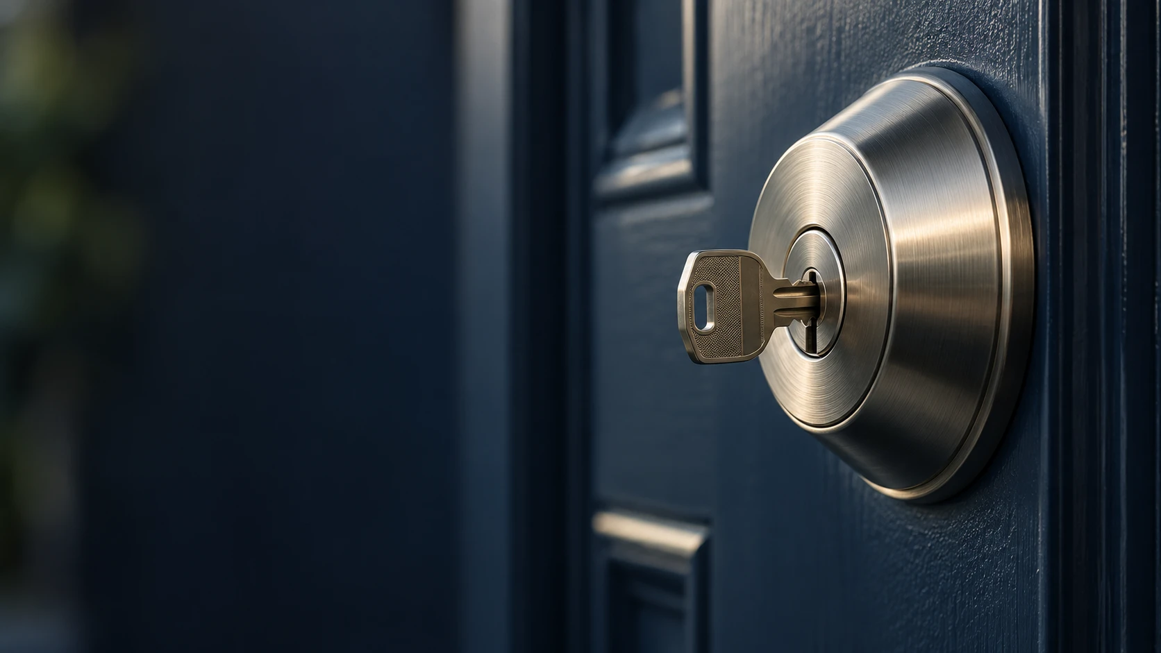 Stainless steel deadbolt lock with key inserted into dark blue door