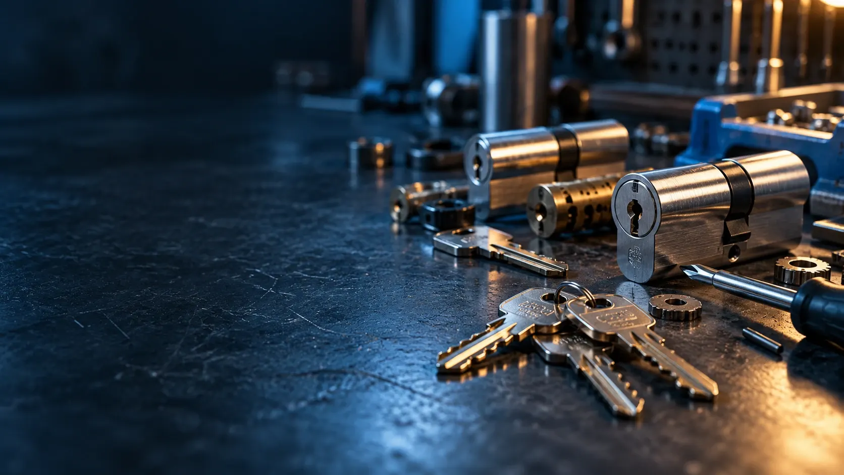 Professional lock cylinders and brass keys displayed on dark surface with warm lighting