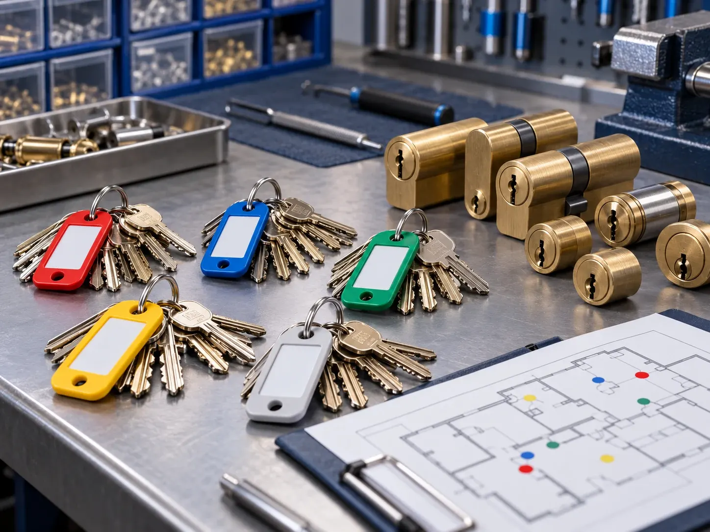 Locksmith workbench displaying keychains, brass cylinders, building blueprints, and tools for key duplication and lock installation